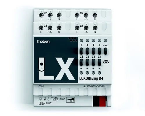 Theben LUXORliving D4 Actionneur dimmable 4 canaux universel, rail REG/DIN/rail DIN, 200 W par canal, plage de variation 0-100 %, pour LED, lampes à incandescence/halogènes et transformateurs dimmables, système KNX Smart Home 4800475