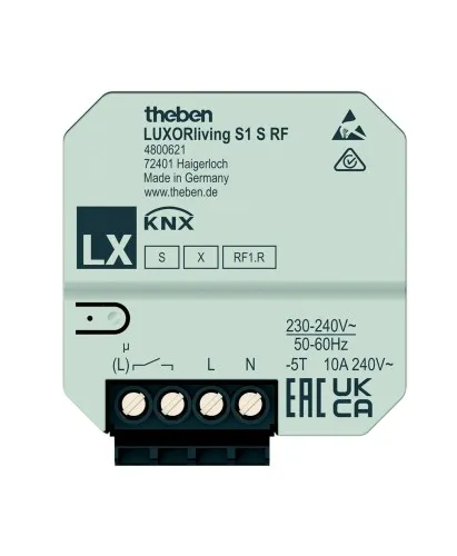 Theben LUXORliving S1 S RF Actionneur de commutation radio 1 voie, encastré, communication radio cryptée, contact NO/NF, temporisation, impulsion, 2 entrées binaires, système Smart Home KNX 4800621