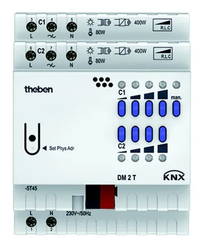 Theben DM 2 T KNX - Actionneur de gradation 2 canaux, rail DIN, 5-400 W LED/canal, 800 W en parallèle, détection de charge