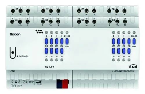 Actionneur de gradation 8 canaux Theben DM 8-2 T KNX, rail DIN, 8 canaux, actionneur universel de gradation, 2-200 W par canal LED, 400 W en fonctionnement parallèle, R/L/C, courbes de gradation variables 4940285