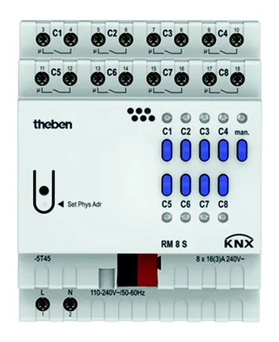 Theben RM 8 S KNX Actionneur de commutation 8 voies, rail DIN, 8 canaux 16 A, 800 A/200 µs, charge C 140 µF, 600 W LED/canal, commande manuelle, affichage d'état, KNX TP 4940220