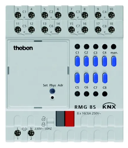 Actionneur de commutation KNX Theben RMG 8 S MIX2 (module de base) 8 voies, rail DIN, 16 A 140 µF, 600 W par voie LED, 800 A/200 µs, fonction impulsion, KNX Data Secure, KNX TP 4930220