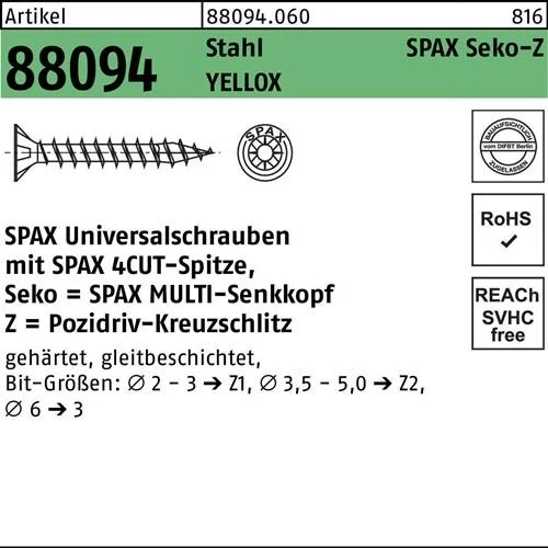 Vis R 88094 SEKO pointe/PZ 2,5x20/17-Z acier galvanisé jaune 1000 pièces SPAX — lot de 1000 pièces