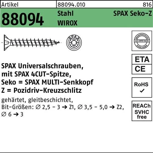 SPAX Vis multitête à tête fraisée cruciforme Z2 à filetage total WIROX, 1000 pièces