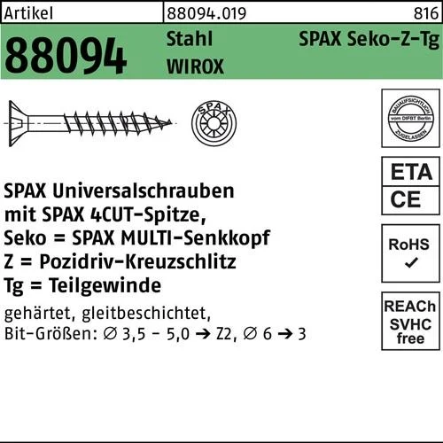 Vis SPAX R 88094 SEKO pointe/PZ 4,5x40/24-Z TG zinguée WIROX 500 pièces — lot de 500 pièces