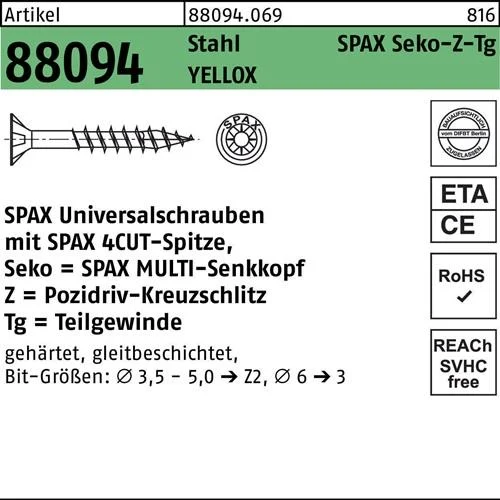Vis SPAX SEKO-Z-TG 3,5x35/22-Z YELLOX (1000 pièces) — lot de 1000 pièces