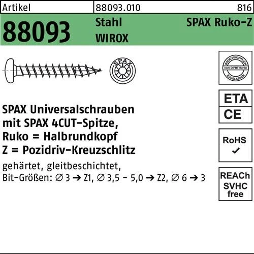 Vis R 88093 Ruko pointe/PZ 3x16/15-Z acier galvanisé WIROX 1000 pièces SPAX — lot de 1000 pièces