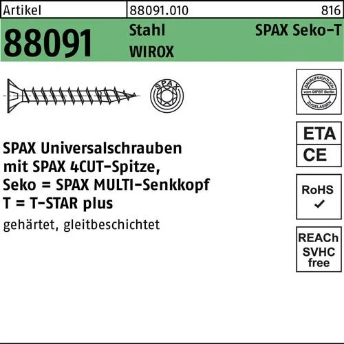 Vis R 88091 SEKO/T-STAR 4x35/30-T20 Acier WIROX 200 pièces SPAX