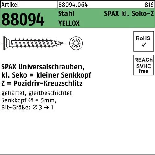 Vis R 88094 SEKO pointe fine/PZ 3x10/7-Z acier galvanisé jaune 1000 pcs SPAX — lot de 1000 pièces