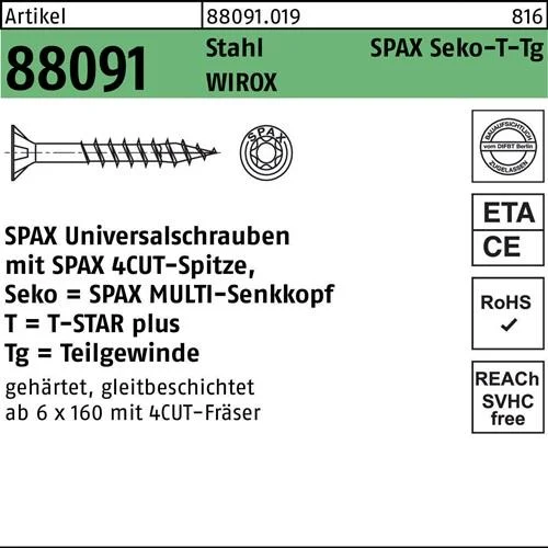 Vis R 88091 SEKO/T-STAR TG 4,5x80/49-T20 acier WIROX 100 pièces SPAX — lot de 100 pièces