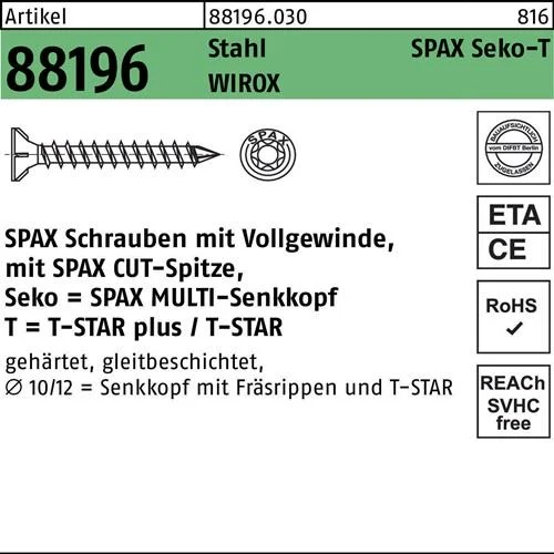 Vis à bois SPAX-S à tête fraisée avec nervures de fraisage T-Star Plus T50, filetage total Cut WIROX, 20 pièces — lot de 20 pièces