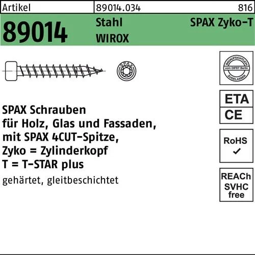 Vis ZYLKO R 89014 T-STAR 6 x 100-T30 acier WIROX 100 pièces SPAX — lot de 100 pièces