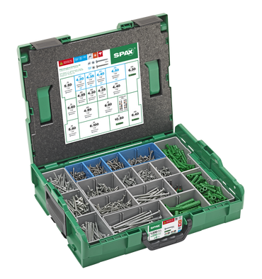 SPAX Coffret de montage électricien grand, T-STAR plus, 1 200 vis SPAX à tête fraisée + 250 chevilles + 6 embouts dans L-BOXX