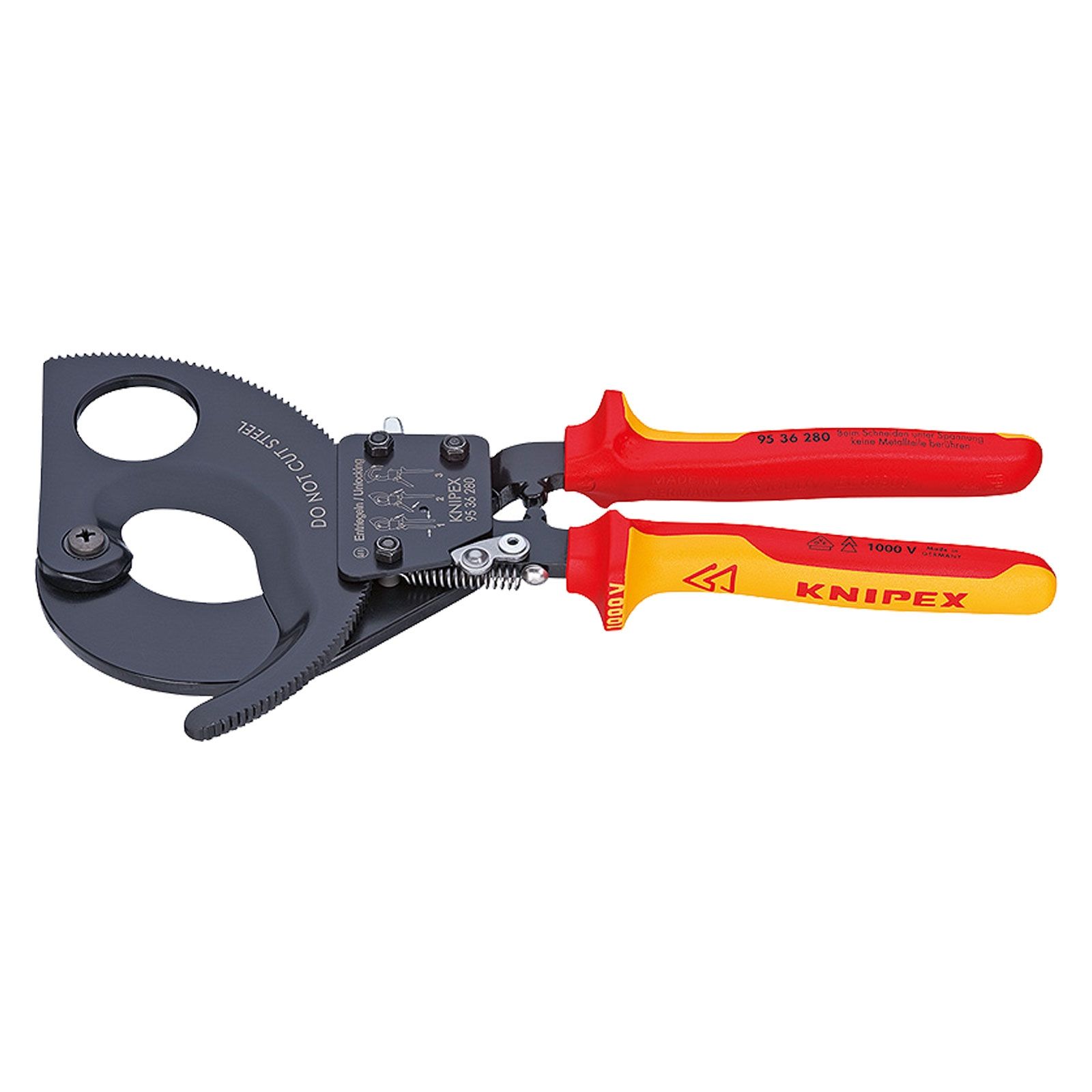 Pince coupante KNIPEX VDE pour câbles multi-composants, principe à cliquet