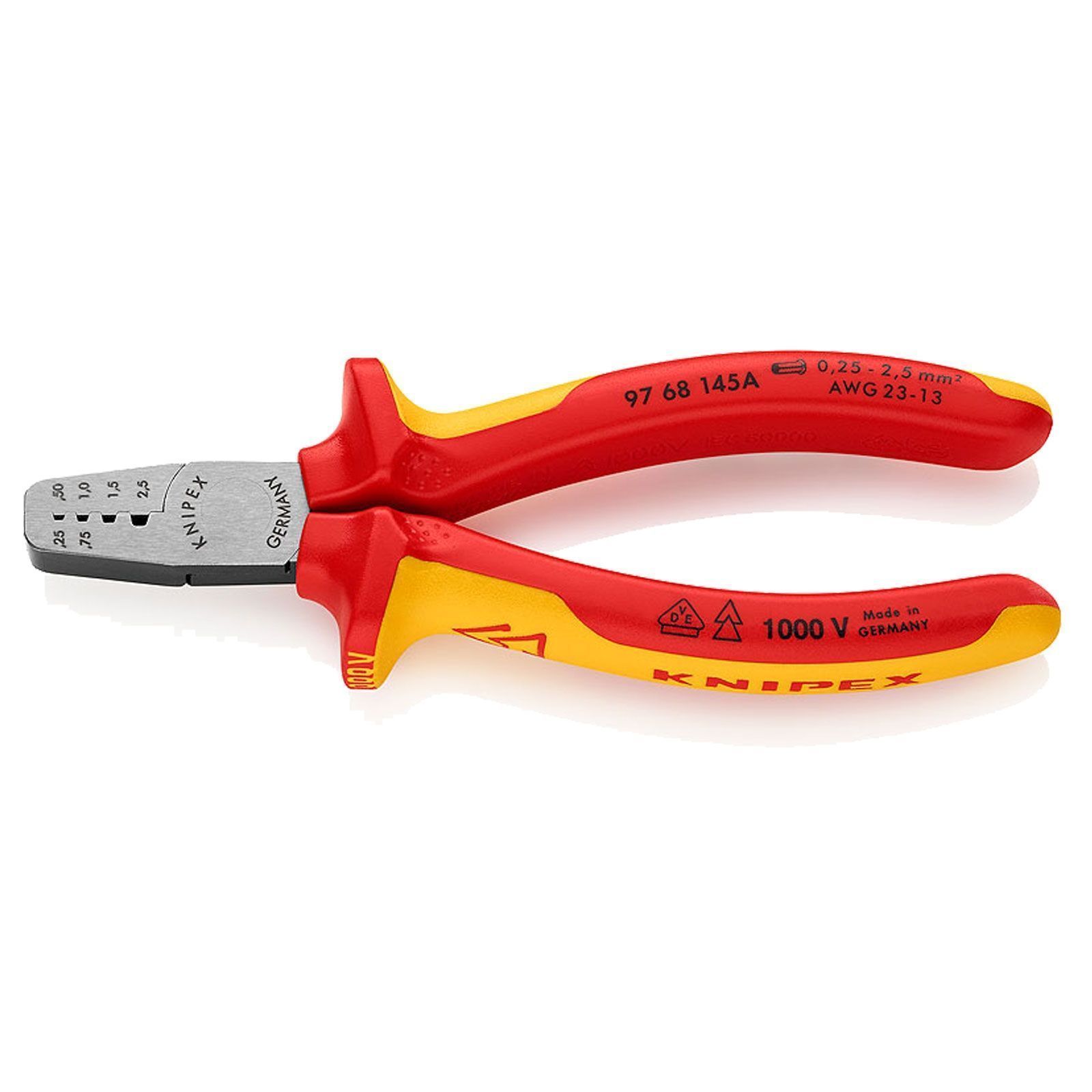 KNIPEX 97 68 145 A Pince à sertir Aderendhülsen VDE, 145 mm, 0,25-2,5mm²