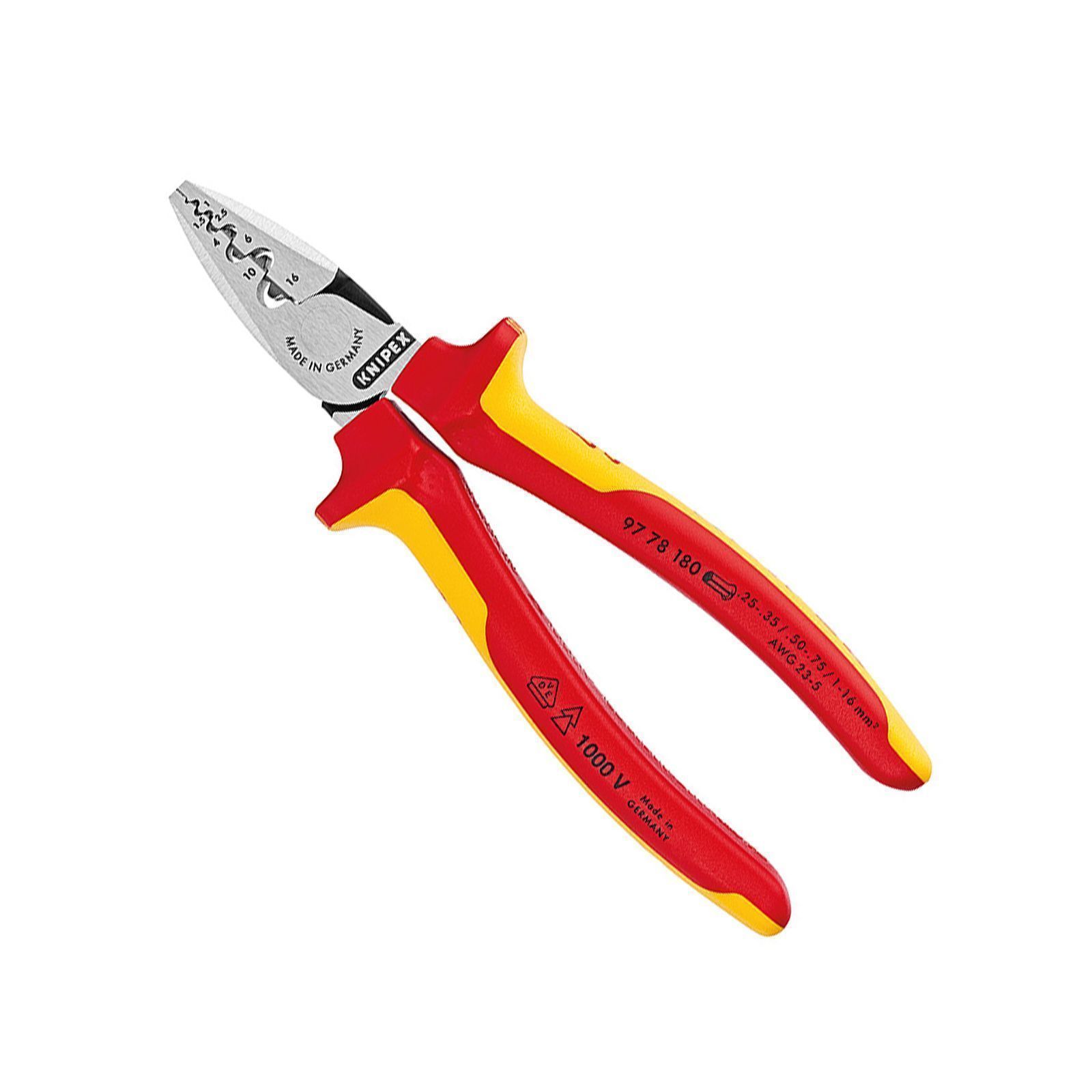 Pince à sertir KNIPEX VDE pour cosses à sertir, 2 poignées, avec/sans œillet, profil en demi-rond