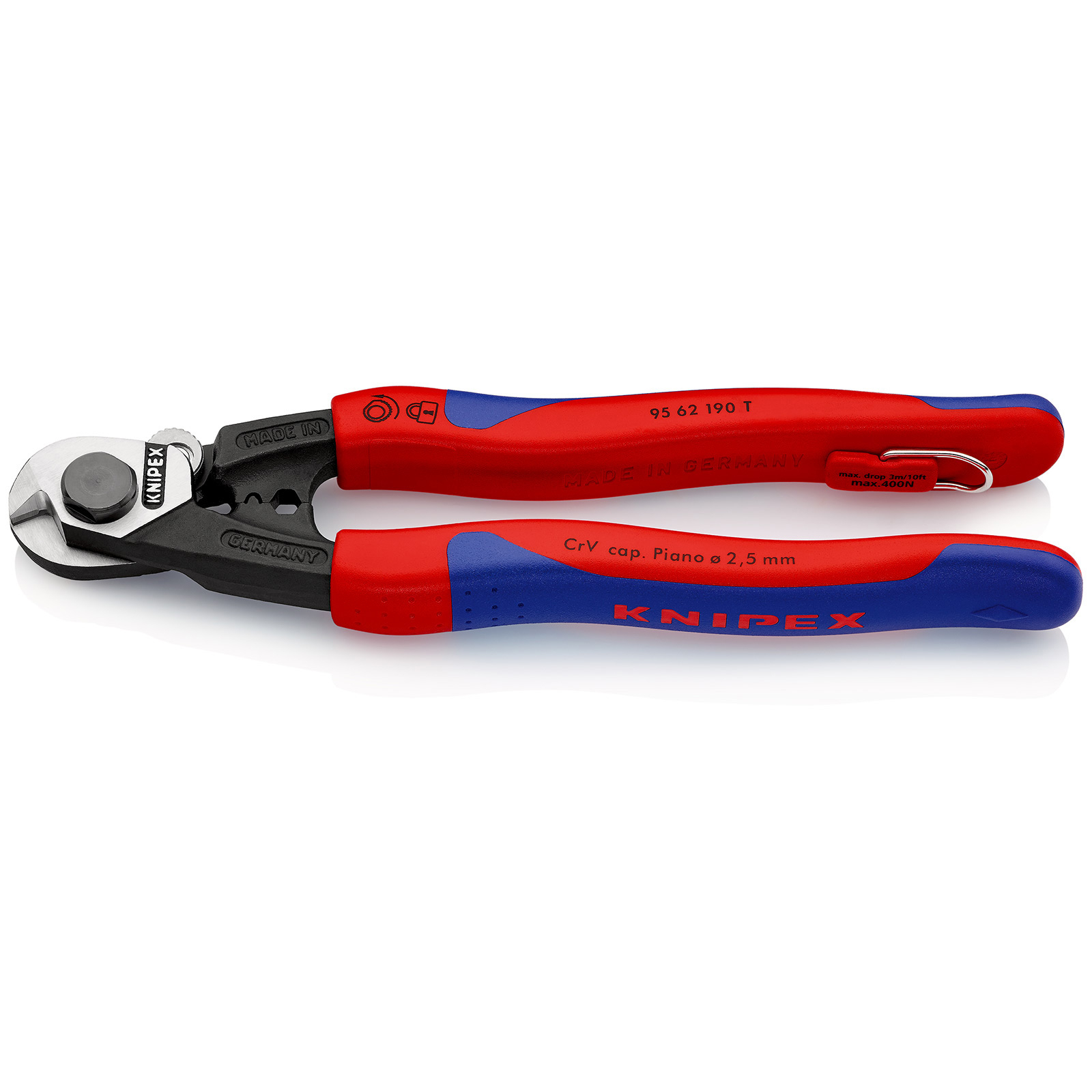 Knipex Cisailles pour câble métallique avec œillet de fixation et gaines multicomposants, avec œillet de fixation intégré pour fixation antichute 190 mm - 9562190TBK