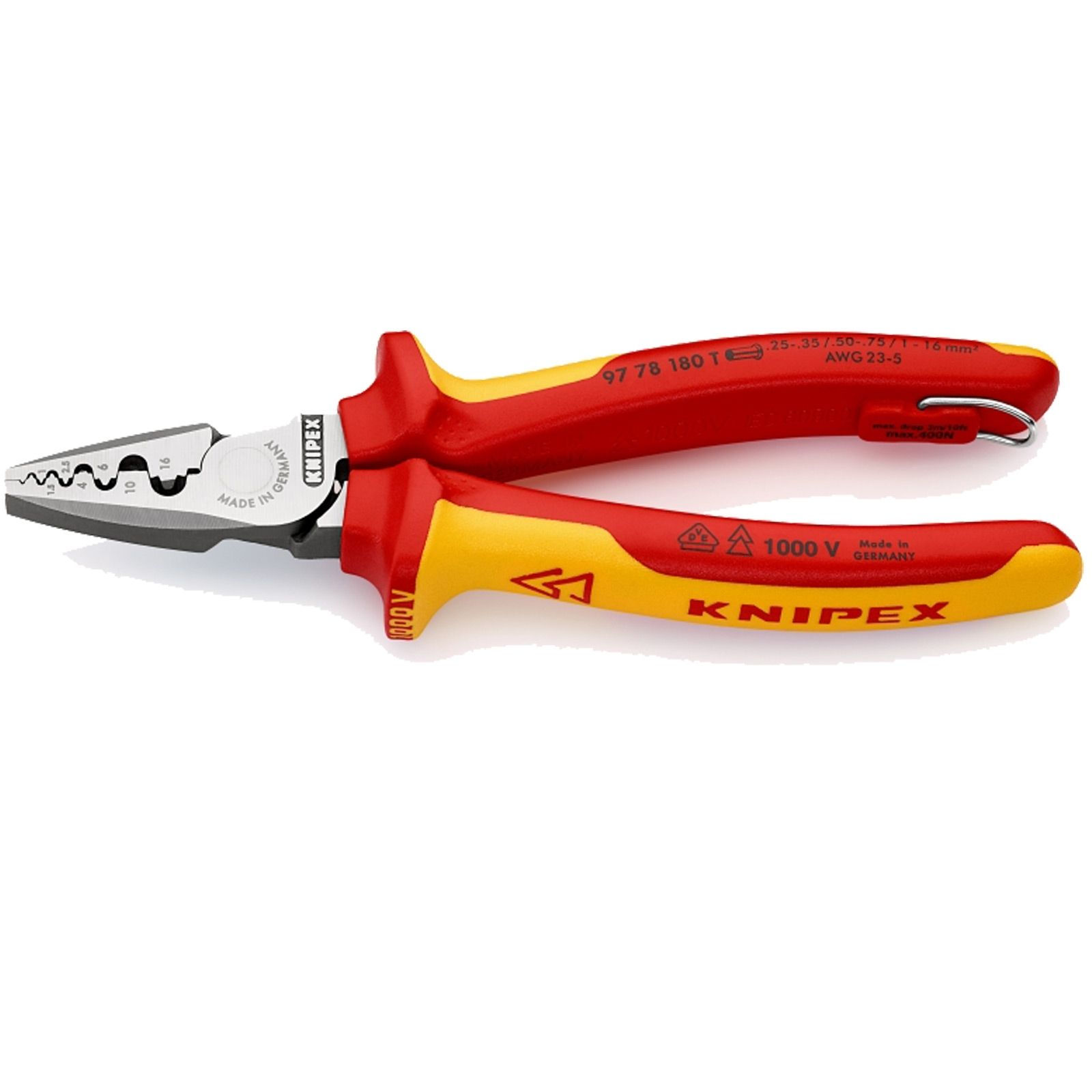 Pince à sertir VDE Knipex pour cosses, manche 2 composants, avec/sans œillet, sertissage à mandrin