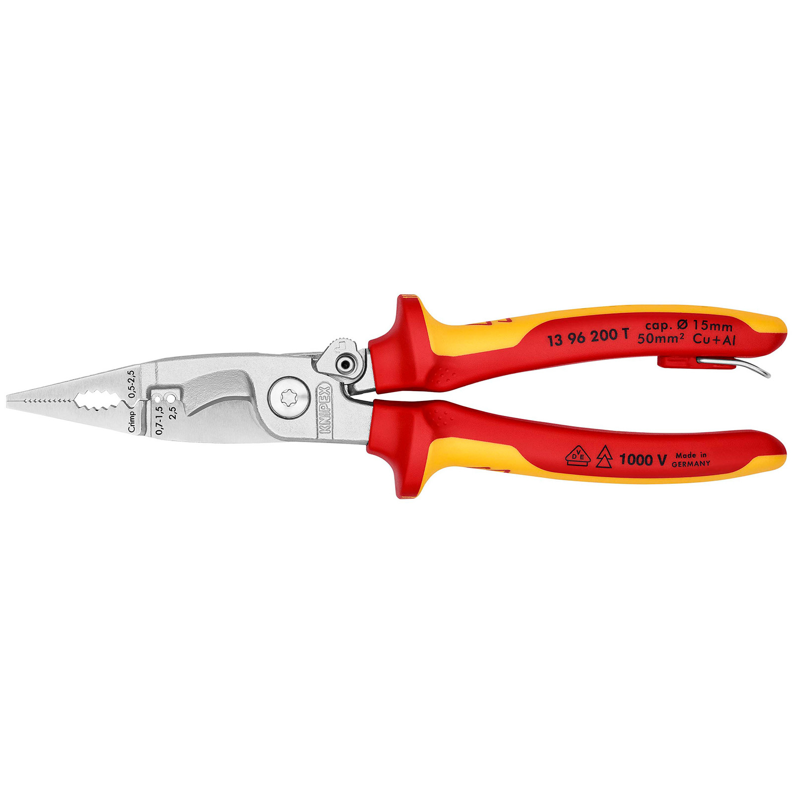 Knipex Équerre de fixation pour installation électrique chromée, isolée avec gaines multicomposants, testée VDE ; avec œillet de fixation isolé intégré pour fixation d'un système antichute 200 mm - 1396200TBK