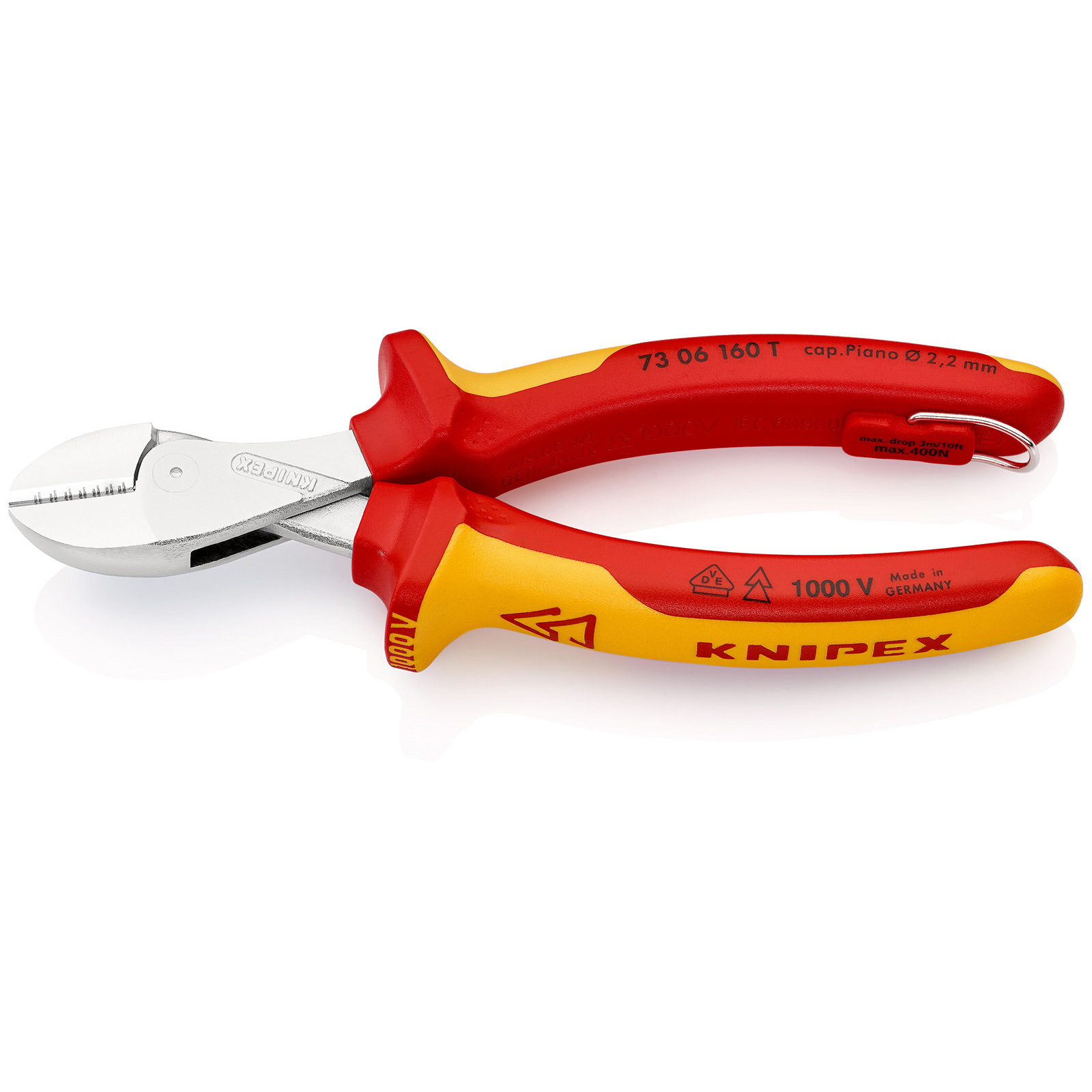 Knipex X-Cut avec œillet de fixation chromé, isolé avec gaines multicomposants, certifié VDE ; avec œillet de fixation isolé intégré pour fixation antichute 160 mm - 7306160TBK