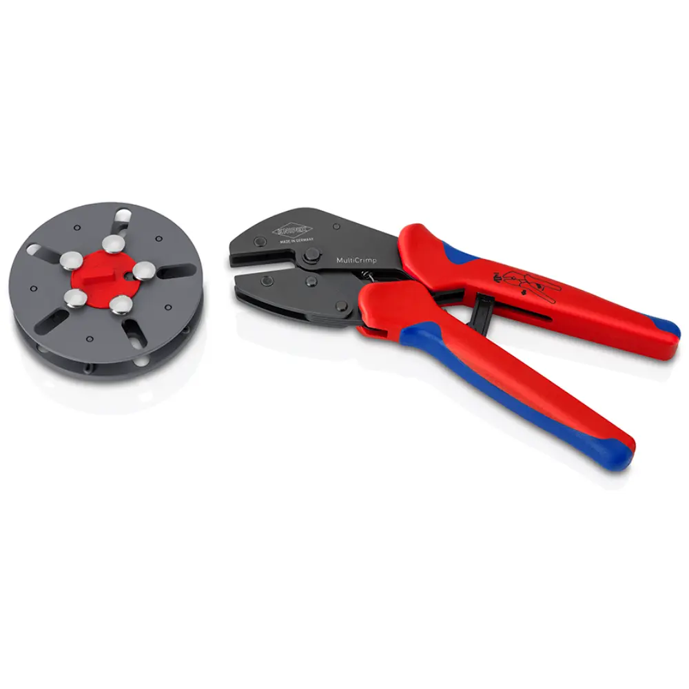 Pince à sertir MultiCrimp KNIPEX avec magasin interchangeable vide et gaines multicomposants brunies 250 mm