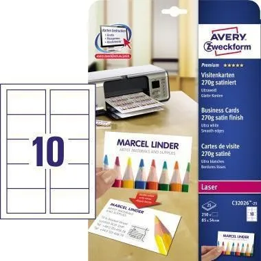 Avery Zweckform Cartes de visite C32026-25 blanc ultra 250 pièces/paquet — lot de 250 pièces