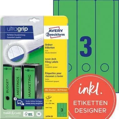 Étiquettes pour classeurs Avery Zweckform L4754-20 longues/larges vert 60 étiquettes/pack.
