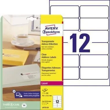 Étiquettes d'adresse Avery Zweckform L4772-25 transparentes, 300 étiquettes/pack