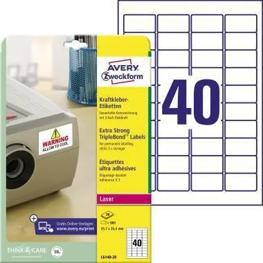 Étiquettes Avery Zweckform L6140-20 adhésif renforcé 45,7 x 25,4 mm - 800 étiquettes/paquet