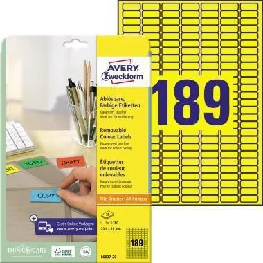 Étiquettes Avery Zweckform L6037-20 25,4x10mm Jaune 3 780 étiquettes/boîte