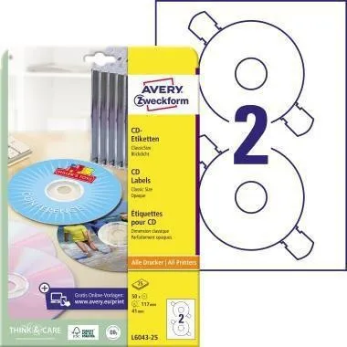 Avery Zweckform étiquette pour CD/DVD L6043-25 117mm blanc 50 pièces/paquet — lot de 50