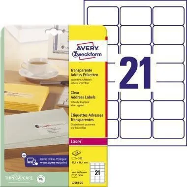 Étiquettes d'adresse Avery Zweckform L7560-25, 63,5 x 38,1 mm, lot de 525