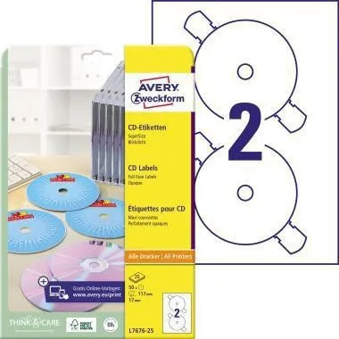 Étiquettes CD/DVD Avery Zweckform L7676-25 mat 50 étiquettes/pack.