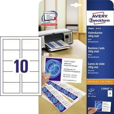 Cartes de visite Avery Zweckform C32010-25 blanc, 250 pièces/paquet — lot de 250 pièces