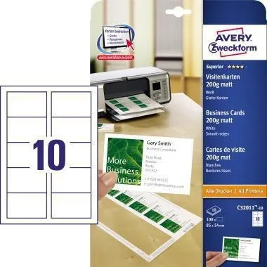 C32011-10 Carte de visite Avery Zweckform DIN A4 blanc 10 pièces/paquet — lot de 10 pièces
