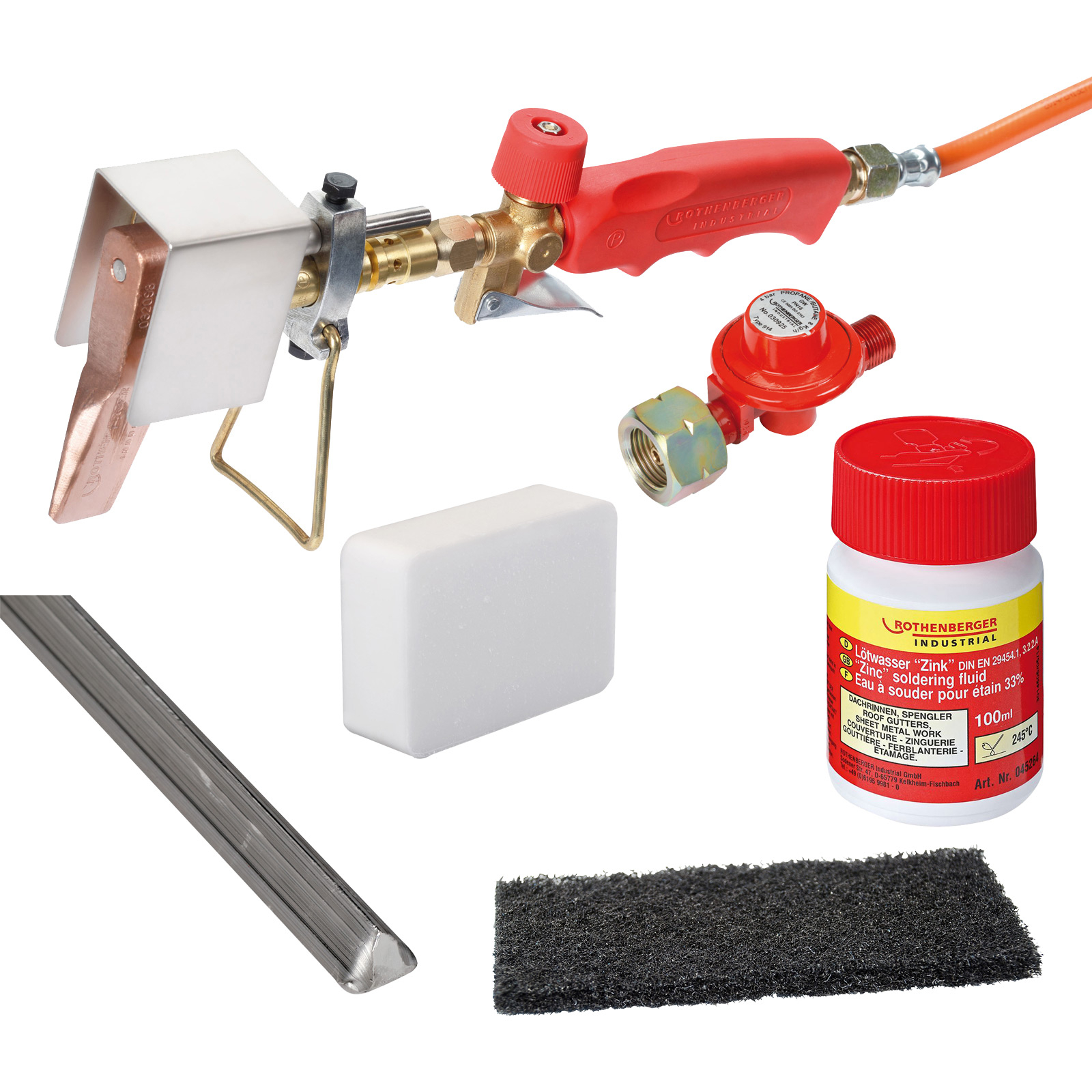 ROTHENBERGER Set de brasage pour gouttières industrielles incluant régulateur, eau de brasage Rolot, pierre à souder Rovlies - 1500004466