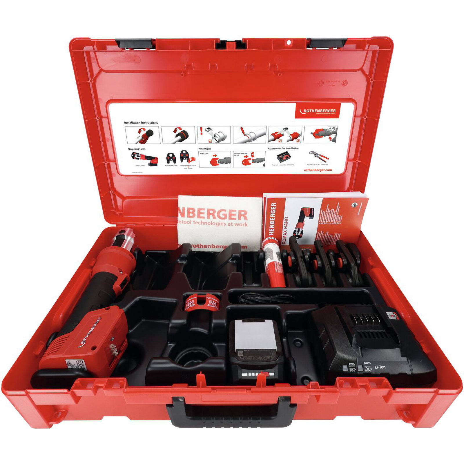 Rothenberger ROMAX NANO iJAWs Set, TH, 16-20-26mm, CAS, 1x 2,0 Ah et chargeur dans ROCASE