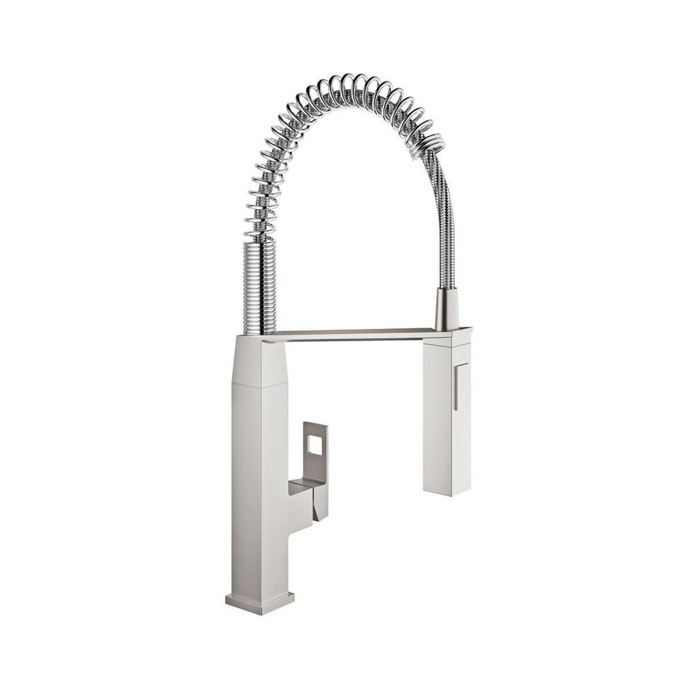 Robinetterie de cuisine Grohe Eurocube à bec orientable 1 trou, avec douchette professionnelle, finition Supersteel, référence 31395DC0