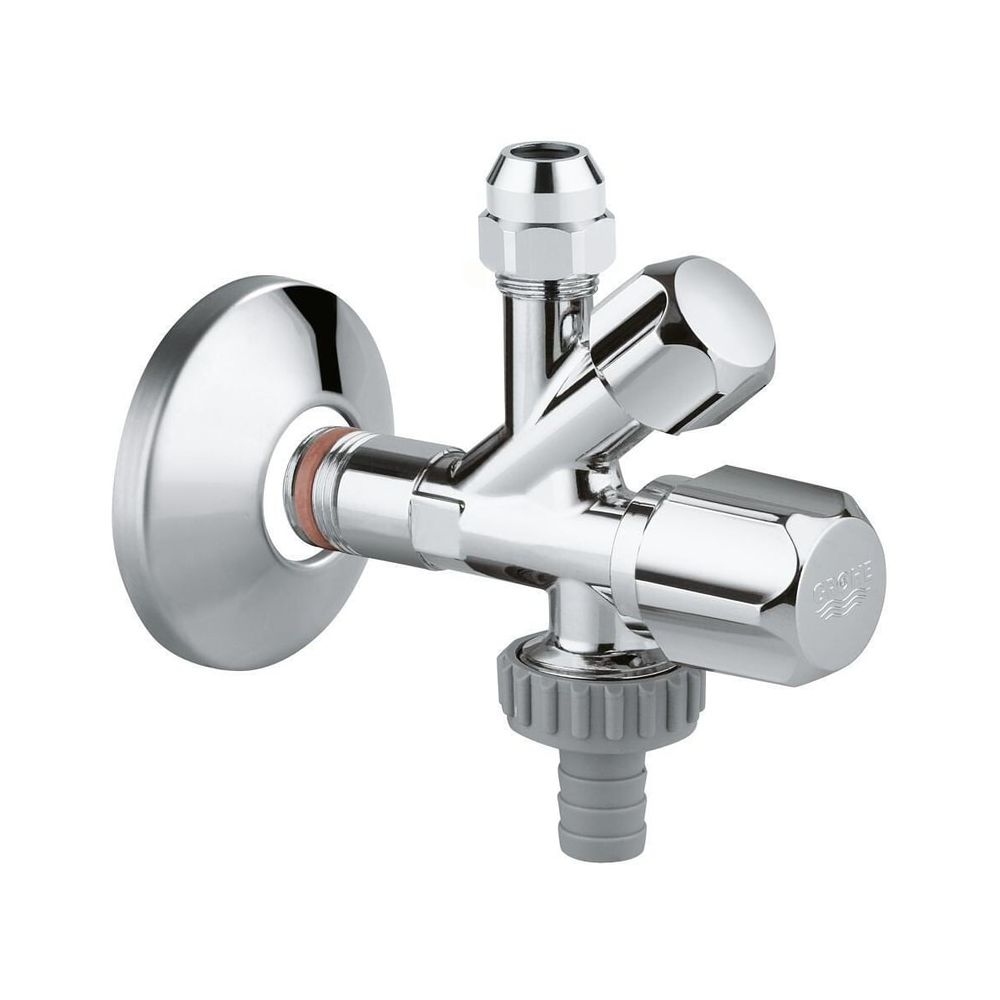 Grohe Original WAS Kombi-Eckventil, filetage de raccordement auto-étanchéifiant, raccordement mural 1/2", sortie 3/8", sortie 3/4", chromé