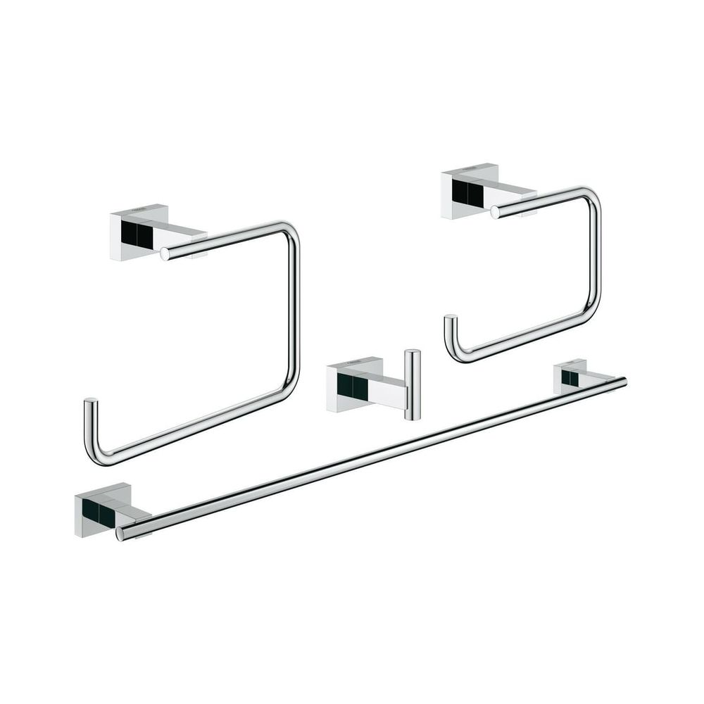 Set d'accessoires de salle de bain Grohe Essentials 4 en 1 Cube, avec porte-serviettes 558 mm, anneau pour serviette, porte-papier toilette sans couvercle, chromé