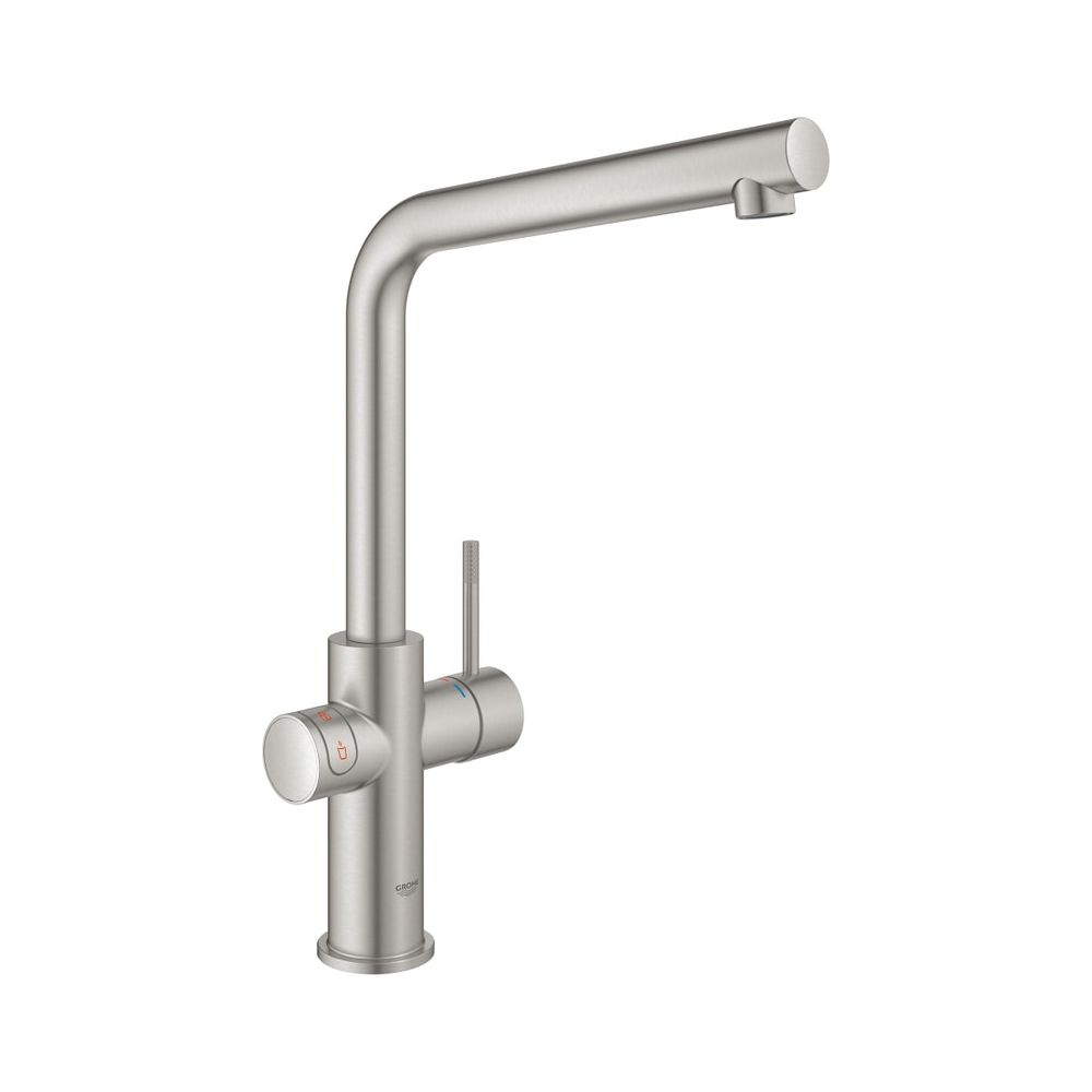 Robinetterie de cuisine Grohe Red Duo, montage à un trou, taille L avec chauffe-eau, bec en L, finition Supersteel, référence 30325DC1