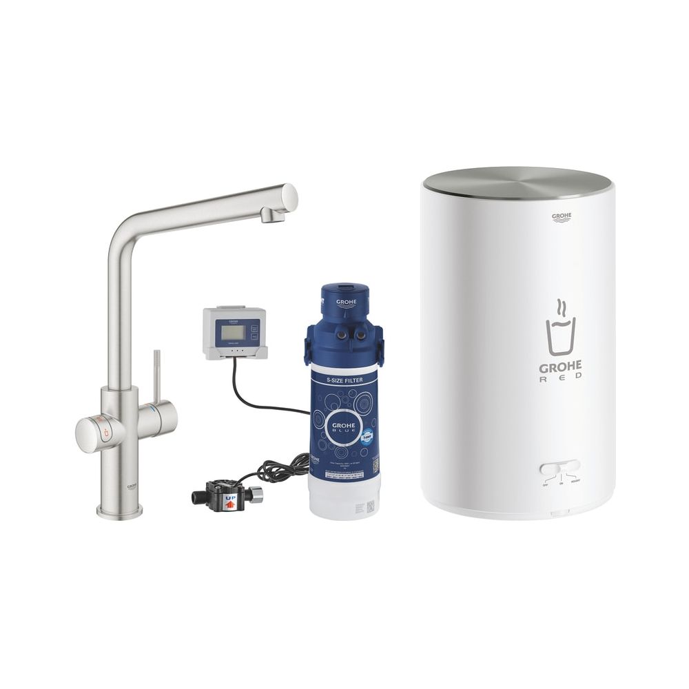 Robinet de cuisine Grohe Red Duo, montage à 1 trou, chauffe-eau M-Size, 3 L d'eau bouillante, bec en L, Supersteel, 30327DC1