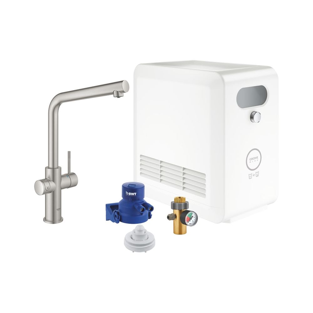 Robinet de cuisine GROHE Blue Professional L, bec en L, eau filtrée/refroidie, Bluetooth 4.0, WLAN, finition Supersteel