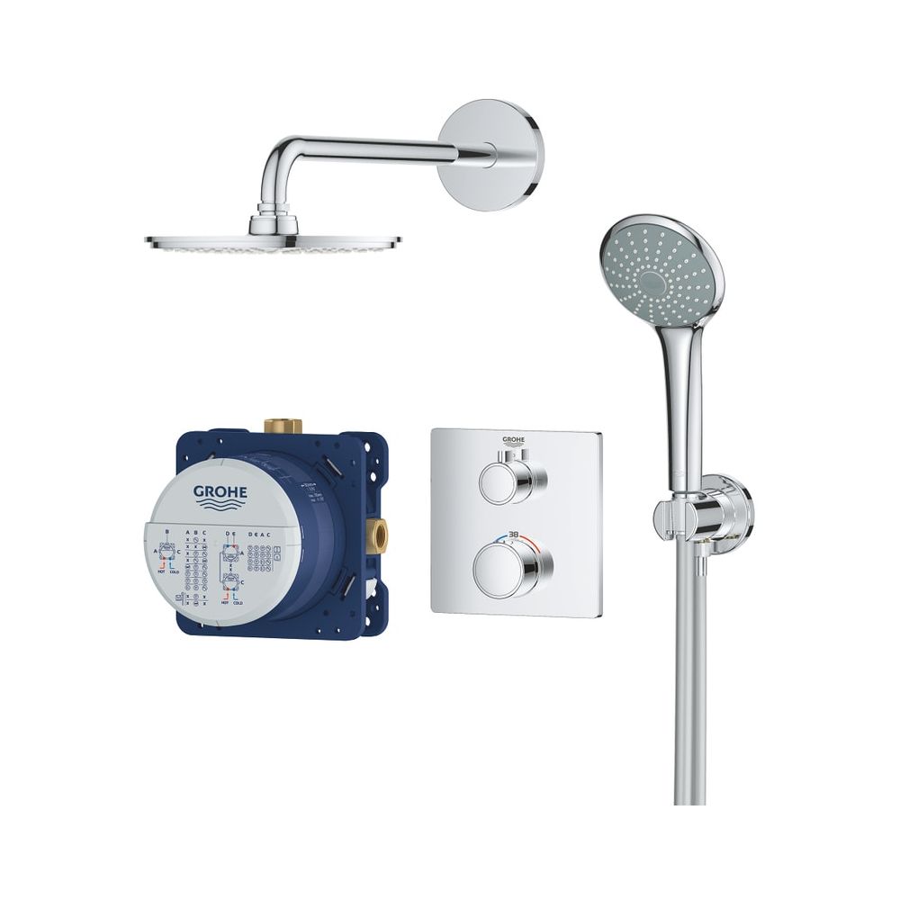 Grohe Grotherm UP-Système de douche 210 Cosmopolitan Tête de douche carrée avec rosette 2 voies et thermostat, Chromé, 34734000