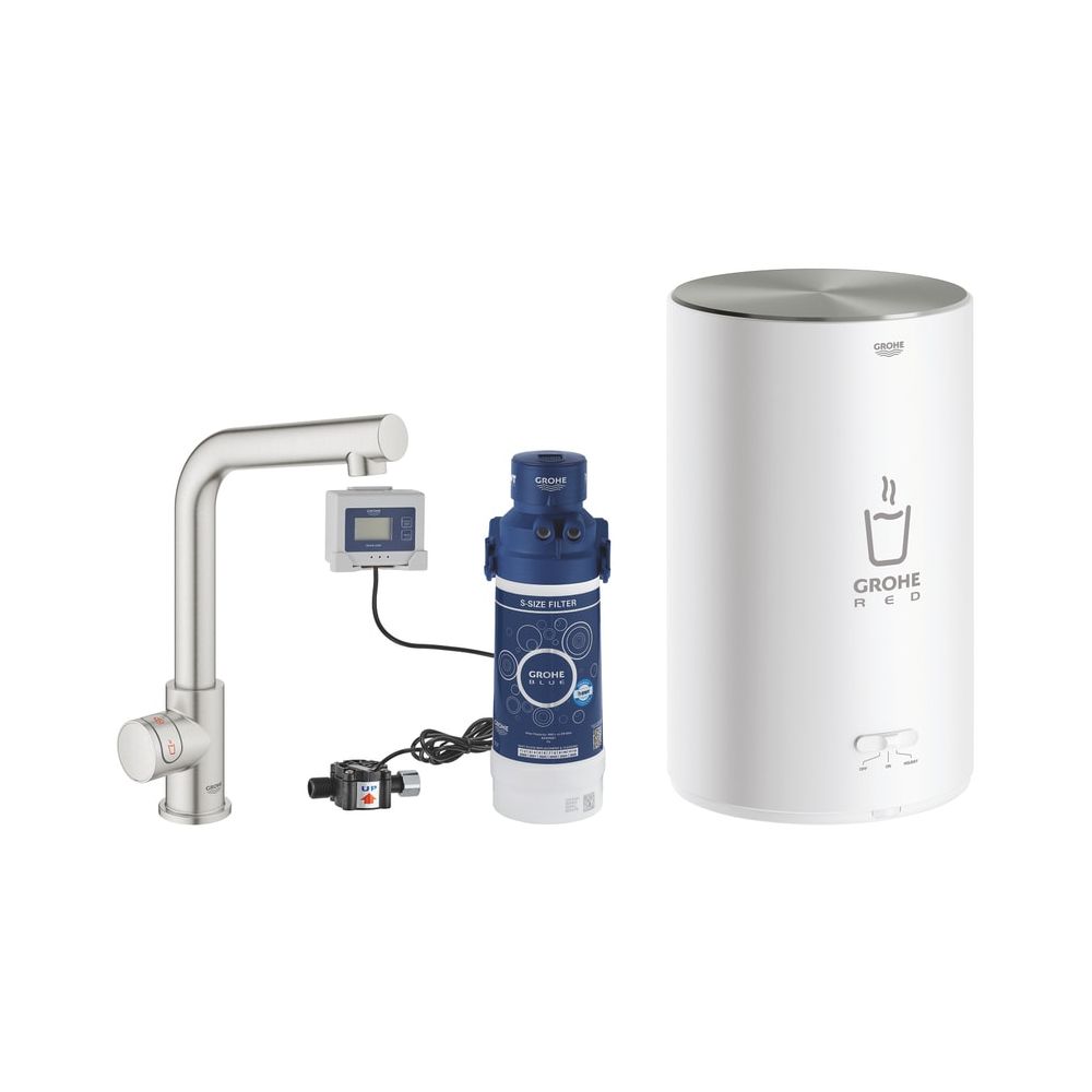 Robinet GROHE Red Mono avec chauffe-eau intégré, taille M, bec en L, montage à trou unique, 3 L d'eau bouillante, Supersteel, 30339DC1