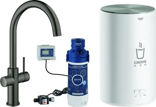 Grohe Red Duo Robinetterie d'évier avec bec en C et chauffe-eau intégré taille M - Hard Graphite brossé