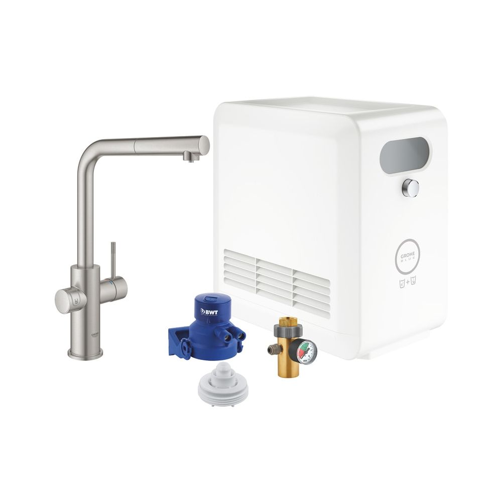 Robinetterie de cuisine Grohe Blue L-jet, eau fraîche/carbonatée, Bluetooth 4.0, WLAN, bec extractible, batterie Blue ST, Supersteel