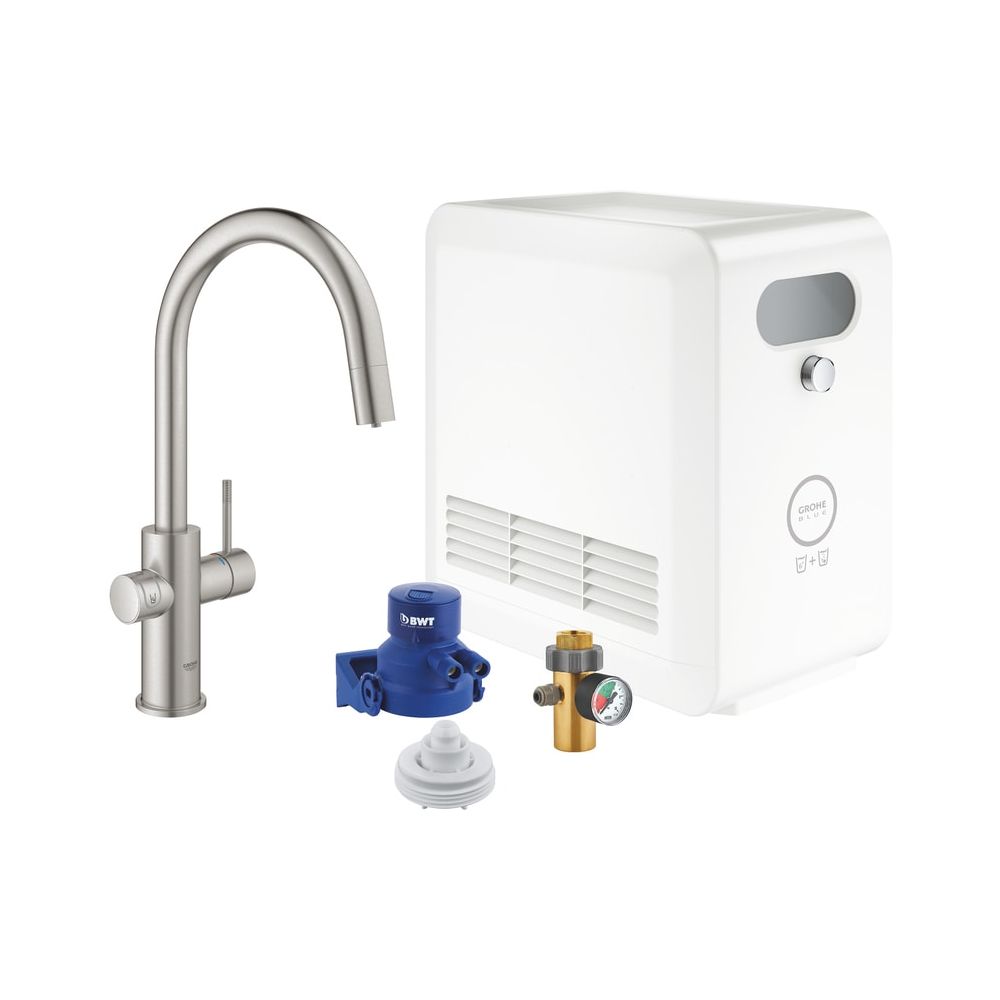 Set de bec verseur Grohe Blue C avec mitigeur de cuisine Grohe Blue à bec extractible, Supersteel, 31325DC2