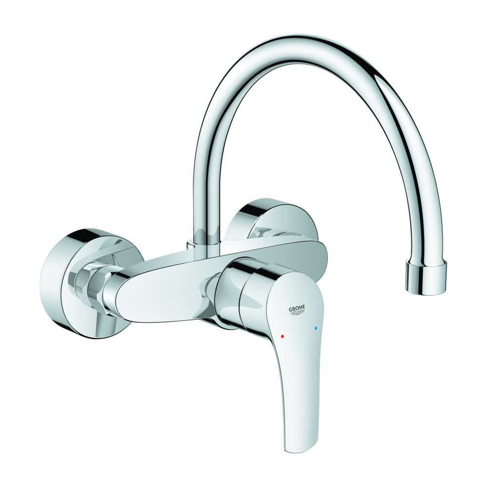 Robinetterie de lavabo Grohe Eurosmart, bec pivotant, portée 244 mm, rotation à 360°, raccords, chromé
