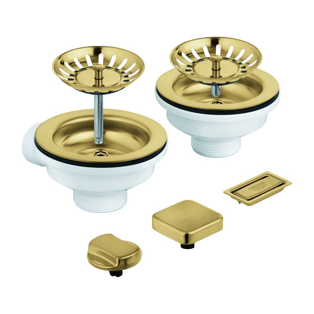 Garniture d'évacuation GROHE avec excentrique pour évier de cuisine à 2 bacs, capuchon rond / couvercle carré, finition Cool Sunrise brossé
